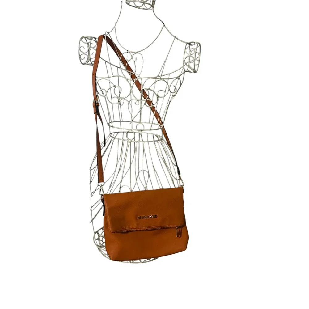 Michael Kors Burnt Orange Pebbled Leather Foldover Crossbody Bag Gold Hardware